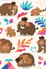 Lovely seamless pattern with baby mammoth following her mom among mountains, leaves and berries