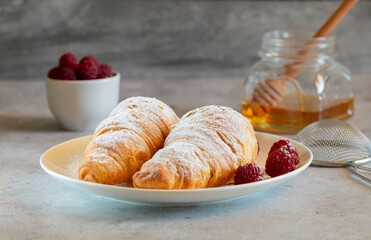 Croissants with powdered sugar, raspberries, honey on light concrete background