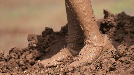 Mud race runner very muddy running shoes, muddy feet detail