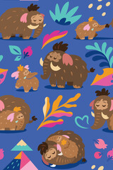 Lovely seamless pattern with baby mammoth following her mom among mountains, leaves and berries