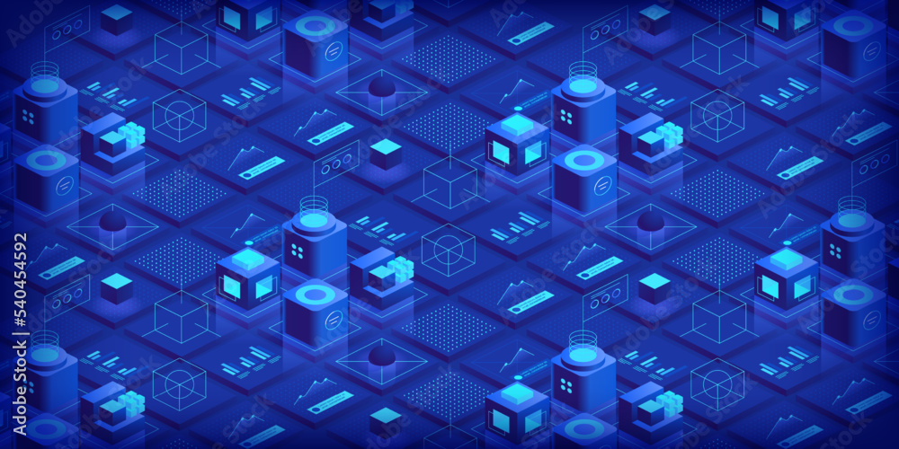 Poster abstract technology background. blockchain concept banner. isometric digital blocks connection with 