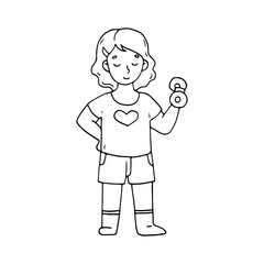 The girl does morning exercises. Exercise with dumbbells. Athletic and healthy person. Doodle. Vector illustration. Hand drawn. Outline.