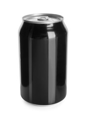 Black aluminum can isolated on white. Mockup for design
