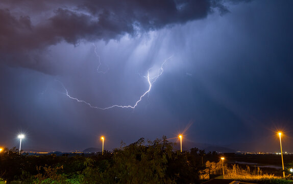 Storm with lightning, over the town of Sagunto, Spain.