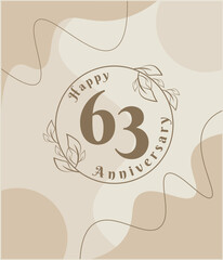 63 year anniversary, minimalist logo. brown vector illustration on Minimalist foliage template design, leaves line art ink drawing with abstract vintage background.