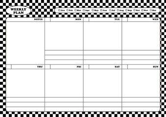 weekly plan planner template design on chess, check, grid, checkerboard pattern background in black and white combination. Note, scheduler, diary, calendar, planner document template illustration. - obrazy, fototapety, plakaty