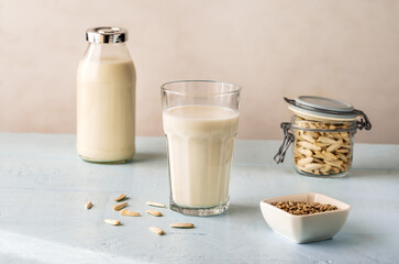 Sunflower milk in a glass and bottle, raw seeds in jar and bowl on light blue background