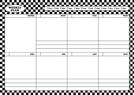 weekly plan planner template design on chess, check, grid, checkerboard pattern background in black and white combination. Note, scheduler, diary, calendar, planner document template illustration.
