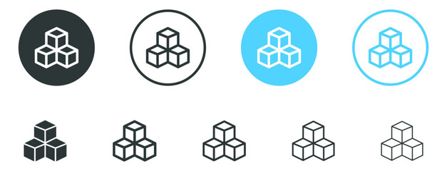 cube icon symbol with three blocks. cubic building icon, three sugar cubes icon - block chain logo icon for website design and mobile, app icons - obrazy, fototapety, plakaty