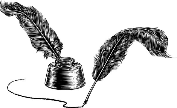 Two Quill Feather Pens and Inkwell