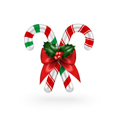 Candycane 3d icon with red ribbon and holly berry sprig decoration. Vector illustration. Merry Christmas Happy New Year candy cane sweets, santa gift. Element for holiday poster flyer card