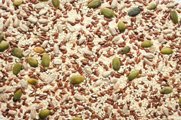 Background from a placer of various seeds and grains.