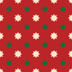 Christmas seamless pattern. Green and beige stars on a red backdrop. Simple retro geometric vector background for printing, fabric, paper for scrapbooking, gift wrappings, texture, and decoration.