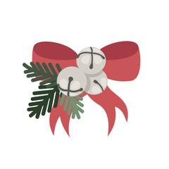 Christmas bells with a bow and fir branches. Flat illustration