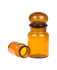 Empty vintage apothecary glass bottles with closed and open stopper, PNG isolated on transparent background