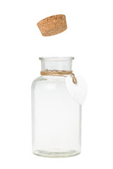 Glass bottle with silver heart on a rope and a cork, PNG isolated on transparent background
