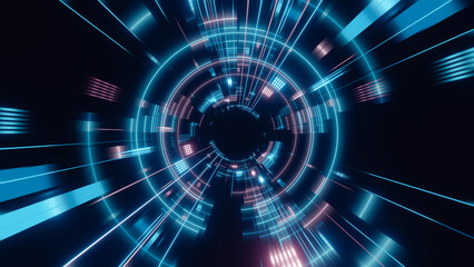 3D Rendering of abstract fast moving stripe lines with glowing light flare. High speed motion blur. Concept of leading in business, Hi tech products, warp speed, wormhole, science background - obrazy, fototapety, plakaty