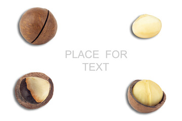 Macadamia nuts creative layout. food concept. background for design and packaging. flat lay