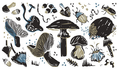 Set of hand drawn graphics silhouette style forest theme: mushrooms, leaves, beetle, moth, earthworm, berry, acorn, snail. Fly agaric, chanterelle, grebe, white mushroom for design and stickers