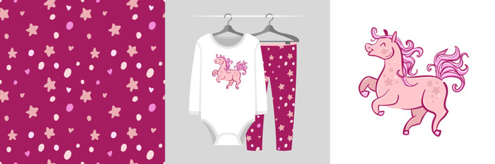 Seamless pattern and illustration set with horse and stars. Aesthetic design pajamas, background for apparel, baby shower invitation, tee prints, fabric, wrapping