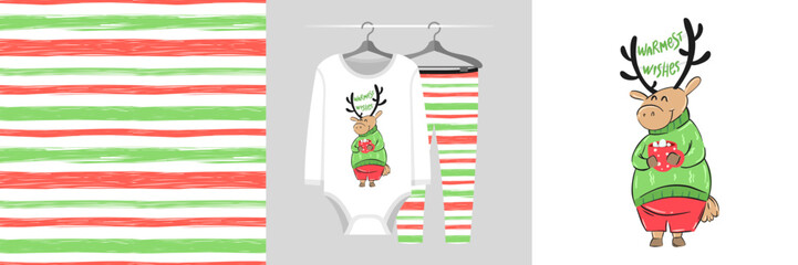 Seamless Christmas pattern and illustration for kid with deer hugs cup of cocoa. Cute design on pajamas mockup. Baby background for clothes wear, room decor, t-shirt, baby shower invitation, wrapping