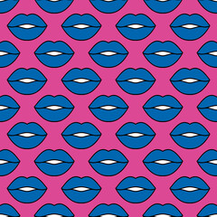 Colorful female lips. Seamless bright vector pattern with navy blue lips on a pink background. Fashion pop art background. For modern original designs, prints, textiles, fabrics, wallpapers.