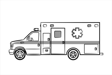 A hand drawn line art of a ambulance. Isolated medical van template on white background. Outline vehicle, side view.  Modern flat vector illustration. 