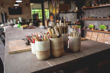 Instruments kit in a large workshop for the manufacture of clay products