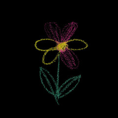 Flower drawing in chalk isolated on black background, pattern overlay texture on asphalt