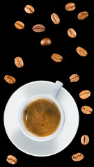 Obraz na płótnie Canvas cup of coffee and coffee beans on black background