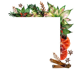 Christmas text space coner frame with watercolor poinsettia and ale and spices