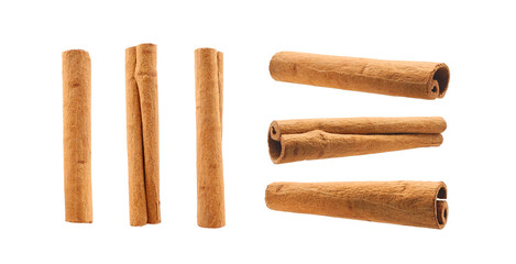 Cinnamon sticks set isolated on white background.  Spices for drinks and pastries.    