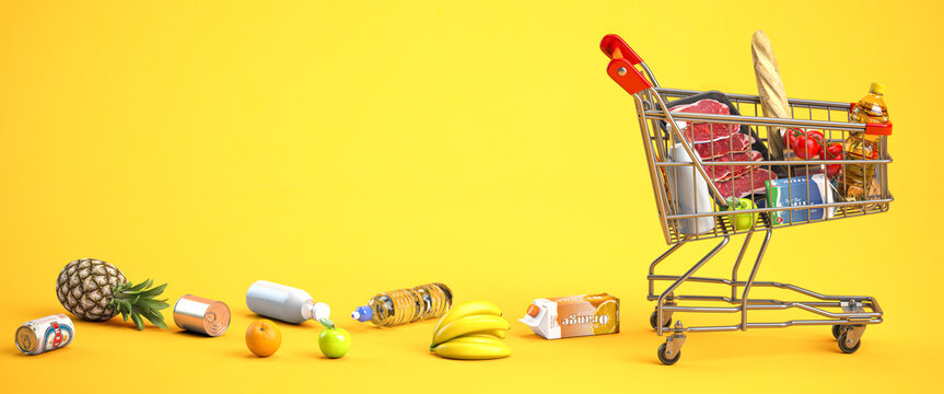 Grocery shopping cart with food with dropped products. Inflation , growth of market basket or consumer price index concept.