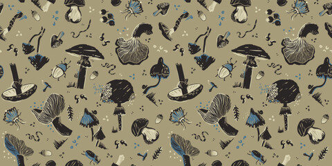 Seamless pattern with mushrooms. Silhouette graphics on a forest theme: leaves, beetles, moth, earthworm, berry, acorn, snail. Fly agaric, chanterelle, grebe, porcini mushroom in pastel tones.