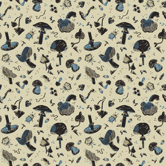 Seamless pattern with mushrooms. Silhouette graphics on a forest theme: leaves, beetles, moth, earthworm, berry, acorn, snail. Fly agaric, chanterelle, grebe, porcini mushroom in pastel tones.