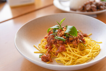 Homemade spaghetti with tomato sauce and minced pork for special dinner