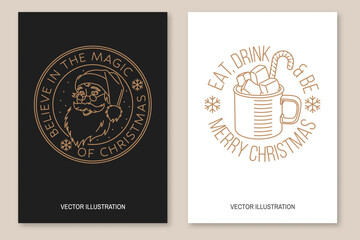 Set of Merry Christmas and Happy New Year flyer, brochure, banner, poster with snowflakes, mug of hot chocolate with marshmallows, sweet candy, santa claus. Vector. Line art design for xmas, new year