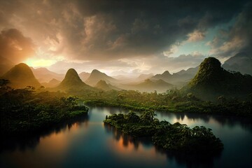 sunset rainforest panorama, jungle river with tropical vegetation, exotic fantasy landscape, fictional landscape created with generative ai