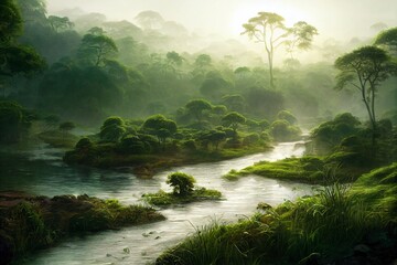 sunrise rainforest panorama, african jungle river with tropical vegetation, exotic fantasy landscape, fictional landscape created with generative ai - obrazy, fototapety, plakaty
