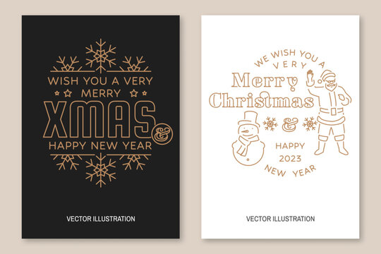 We wish you a very Merry Christmas and Happy New Year flyer, brochure, banner, poster with snowman and Santa Claus. Vector illustration. Line art design for xmas, new year emblem in retro style.