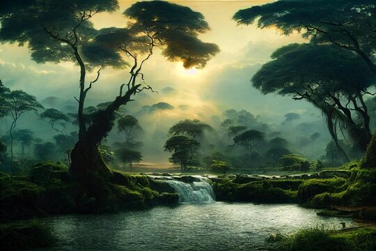 sunrise rainforest panorama, african jungle river with tropical vegetation and waterfall, exotic fantasy landscape, fictional place created with generative ai