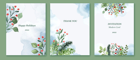 Fototapeta na wymiar Winter holiday card. Watercolor botanicals, leaves, branches, berries. Christmas and New Year greetings.