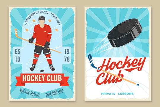 Ice Hockey club flyer, brochure, banner, poster. Concept for shirt or logo, print, stamp or tee. Winter sport. Vintage typography design with player, sticker, puck and skates silhouette. Vector.