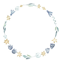 Watercolor wreath with dinosaur footprints, stars, foliage .Cute frame with prehistoric elements