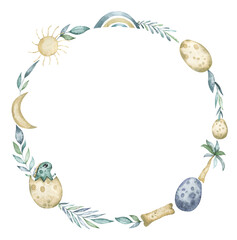 Watercolor wreath with eggs, baby dinosaur, rainbow, moon,  palm, sun, bone and greenery. Cute frame with prehistoric elements