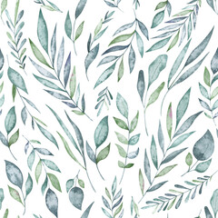 Naklejka na ściany i meble Watercolor seamless pattern with vintage branches and leaves. Repeatable background with prehistoric greenery