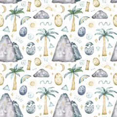Watercolor seamless pattern with mountains, rainbows, sun, moon, palms and eggs. Repeatable background with prehistoric elements