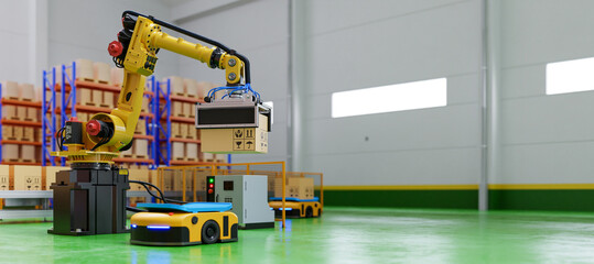 Robot arm picks up the box to AGV in transportation to increase transport more with safety.