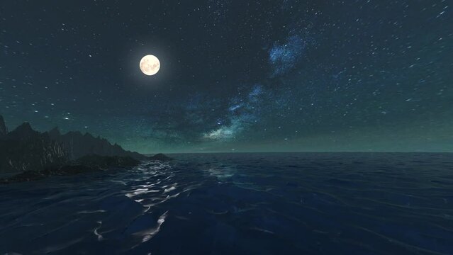 Ocean island night scence animation reflecting water surface and the full moon in the sky.