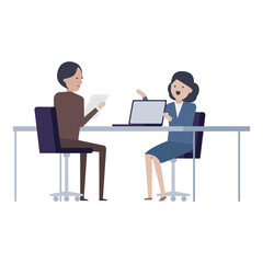 パソコンの画面を見せながら、わかりやすく丁寧に説明するビジネスウーマンのイラスト素材｜mayucolor03